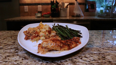 Blackened Walleye w/ green beans and cheesy potatoes